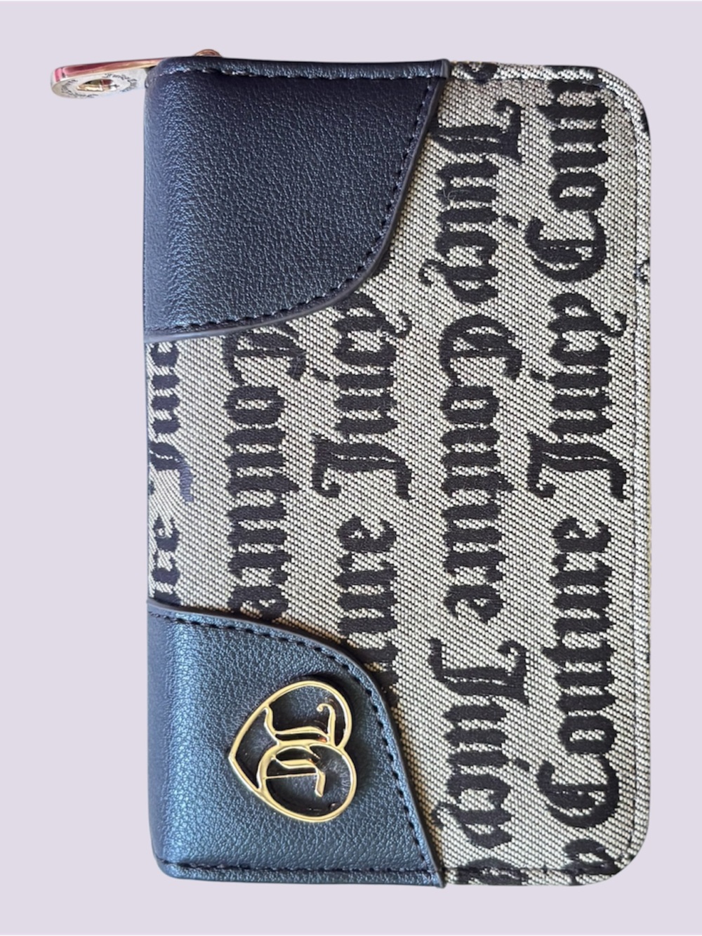 Juicy Couture Black and Beige Logo Zip Wallet with Gold Heart Emblem y2k clutch